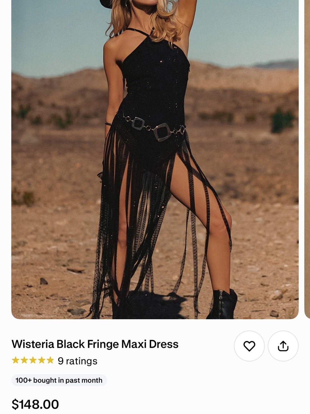 12th Tribe Wisteria Black Fringe Midi Dress